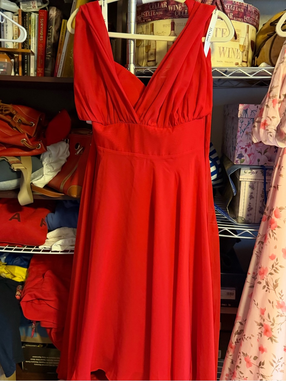 JJs House Red V-Neck Midi Dress with Pleated Bodice